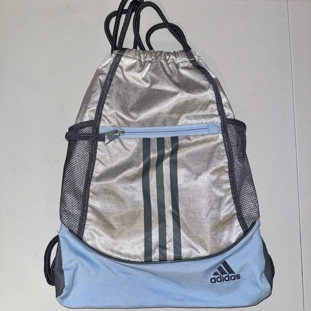 Adidas Alliance Drawstring Backpack Silver Blue OS Three Stripe Cinch Bag